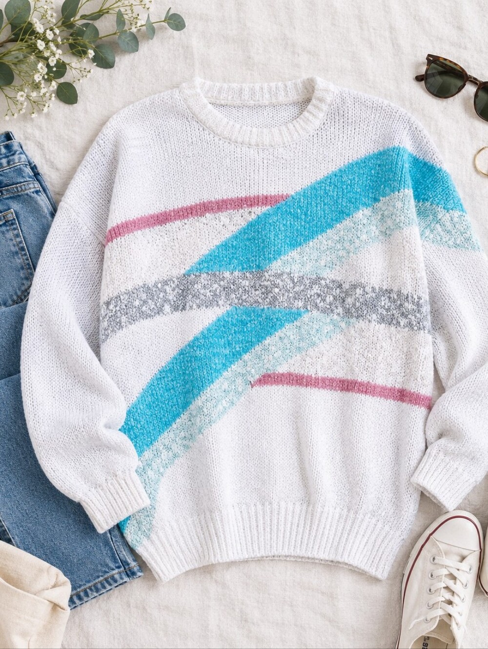 Vintage 80s 90s Abstract Knit Sweater Colorblock Oversized White